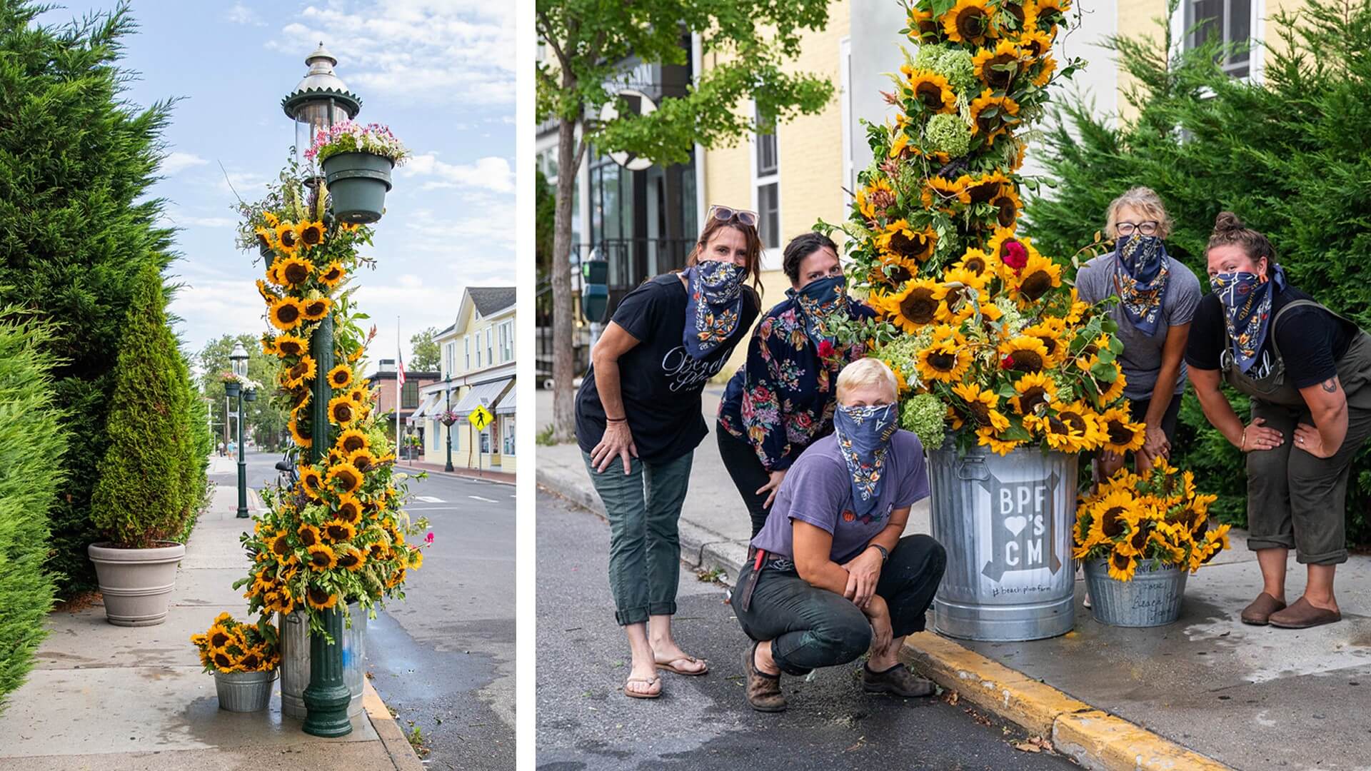 the flower flash team standing beside a street pole covered in sunflowers